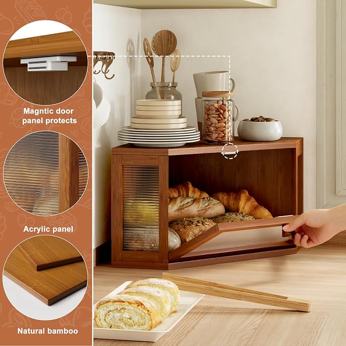 WOWLIVE Corner Bread Box, Bamboo Bread Storage with Acrylic Wavy Door | Breadbox for Kitchen Countertop, Large Farmhouse Bread Holder for Homemade Bread, Multi-functional Container, Caramel