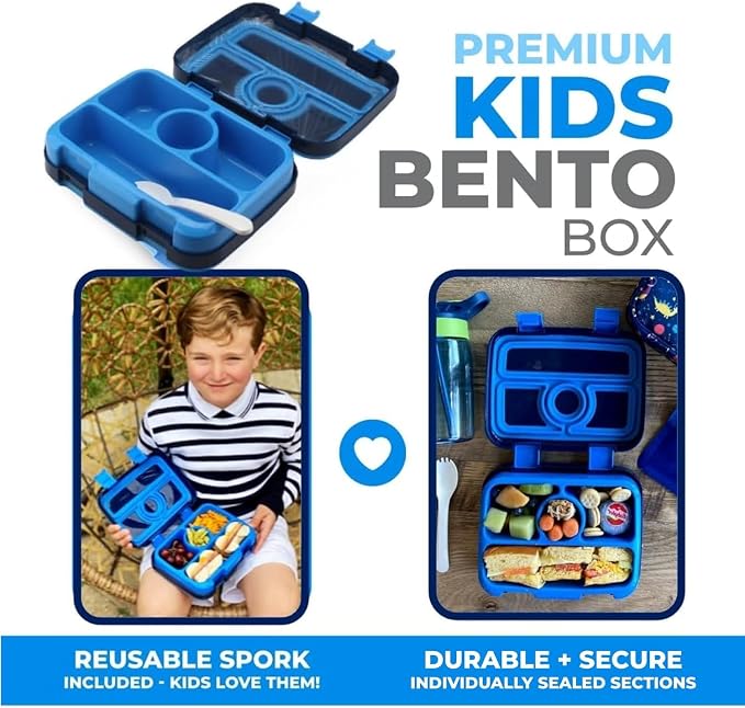 kinsho Kids Lunch Box - Bento Box for Boys Toddler Daycare, 4 Portion Sections with Lid, Snack Container Pre-School Kid Lunches Toddlers Removable Tray BPA Free, 3+ Years Old, Blue Rocket Dinosaur