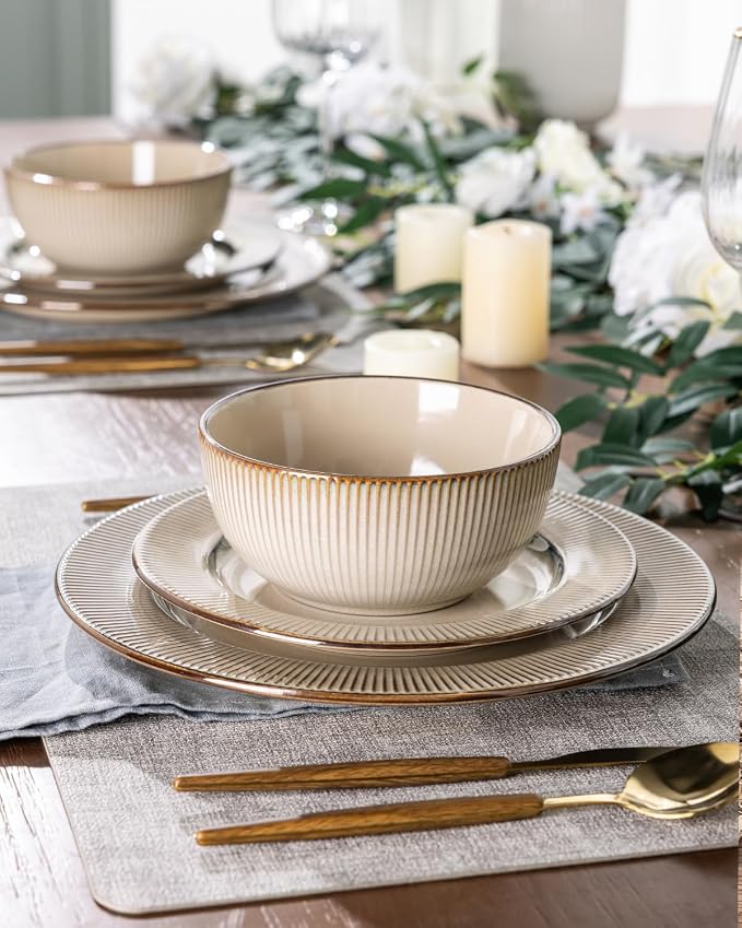GBHOME Ceramic Dinnerware Sets of 4,12 pcs Plates and Bowls Sets Dishes | Embossed Elegant Stoneware Dishes Set | Dishwasher & Microwave Safe | Service for 4