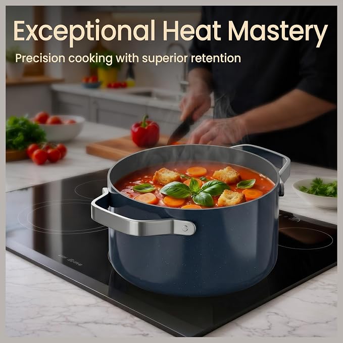 Bakken 16 Quart Ceramic Coated Stock Pot with Lid, Easy Clean Nonstick Pot, Tempered Glass Lid, Riveted Stainless Steel Handles, Oven Safe Up To 500°F, PTFE & PFAS Free, All Stove Compatible, Blue