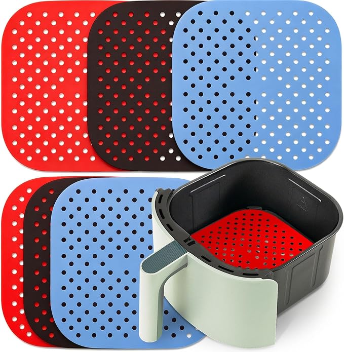 8.5" Reusable Square Silicone Air Fryer Liners Silicone Baking Mat | 6 Pack Calue Set, Non-Stick & Easy to Clean