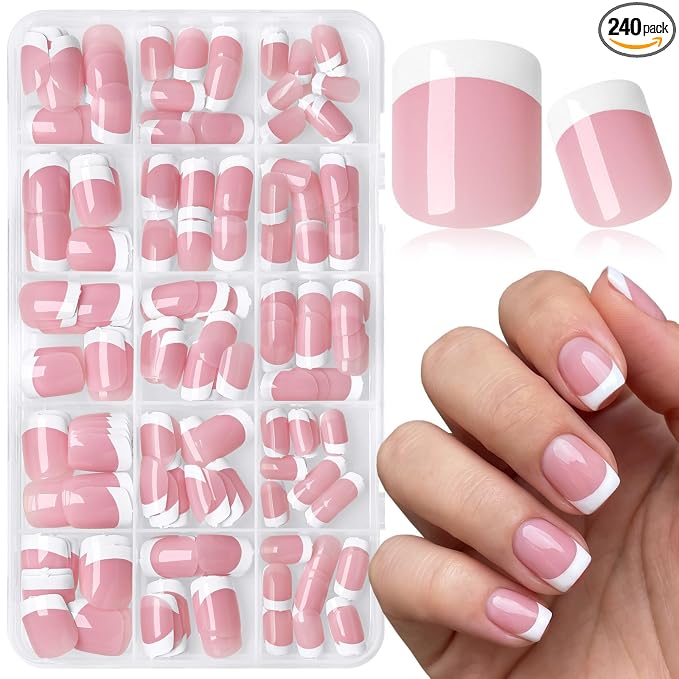 240pc Short French Tip Press on Nails Square Fake Nails with Glue Tabs | Short Nails Press ons Square Glue on Nails Pink Acrylic Nails Stick False Nail Artificial Fingernail for Women Girls