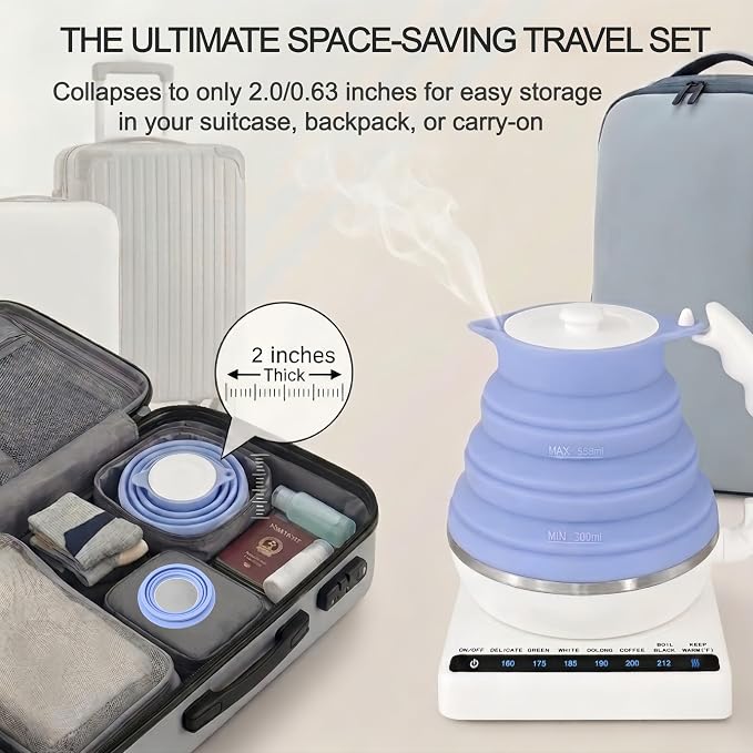 Portable Coffee Maker Pour Over, Travel Coffee Maker Set + Travel Electric Kettle With Temp Control, Collapsible Portable Tea Kettle for Traveling, Hotel, Office, BPA-Free Silicone, 110V, Blue