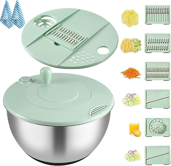 3 in 1 Salad Spinner with Mandoline Slicer, All in One Slicer Bowl, Multifunctional Salad Spinner Small Stainless Steel, Vegetables Wash Bowl, Fruits & Lettuce Dryer with 5 Blade (Stainless Steel)