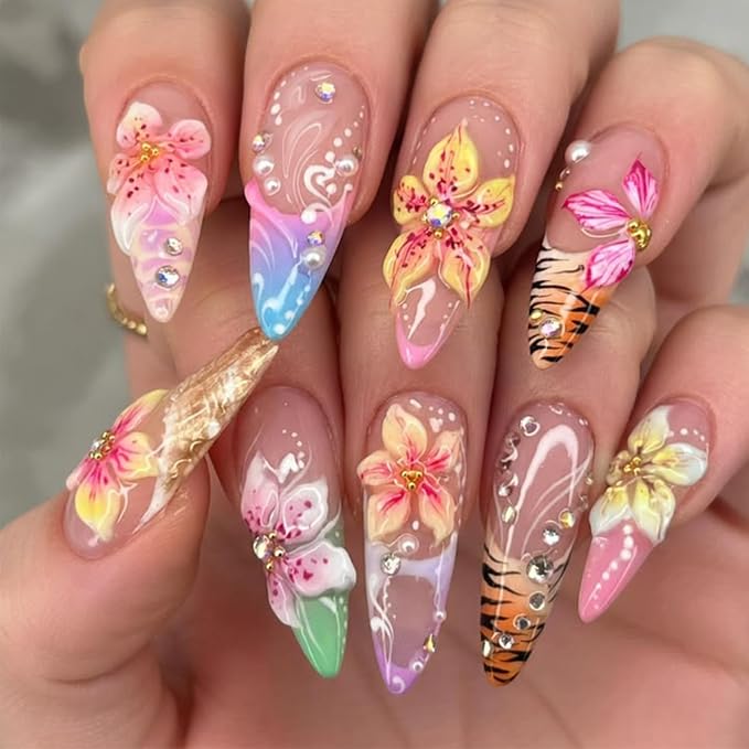 24Pcs Long Press On Nails Stiletto French Tip Fake Nails 3D Hawaii Flower Nails with Rhinestone Design Summer Floral Acrylic False Nails Full Cover Artificial Almond Nails Tips for Women Manicure