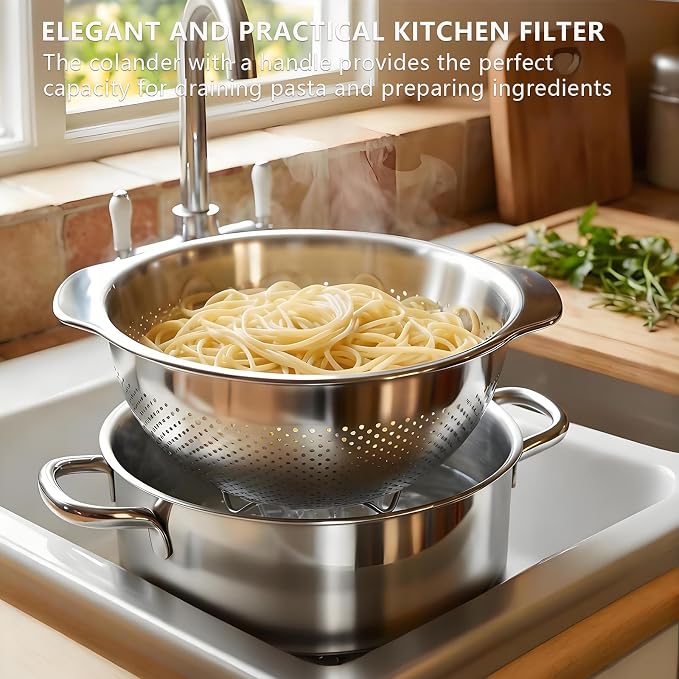 Stainless Steel Colander for Kitchen with Handle for Pasta (5QT) | Fine mesh. Dishwasher safe. Great for straining spaghetti, vegetables, fruit, noodles, eggs & rice