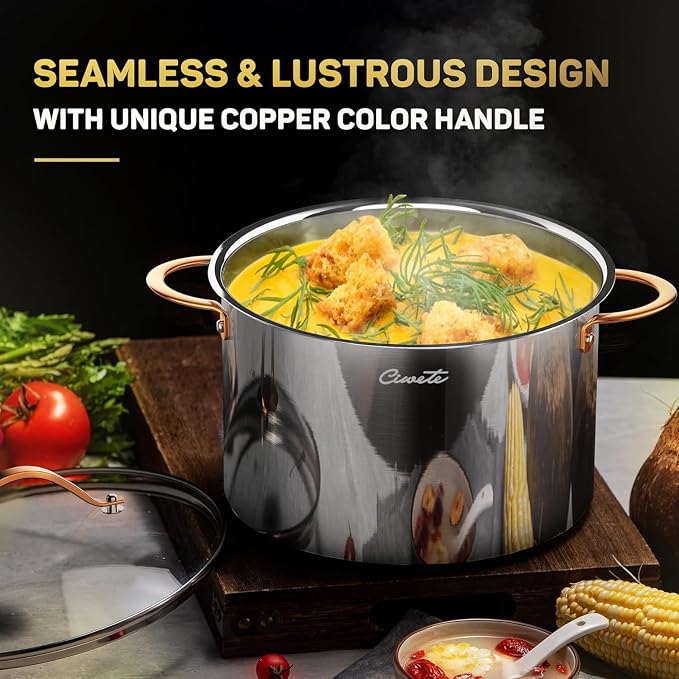 Ciwete Stock Pot 12 Quart, 18/10 Tri-Ply Stainless Steel Whole Clad Stock Pot with Lid, Seamless 12 QT Cooking Pot with Copper Handle, Healthy Stockpots, Induction, Gas, Oven and Dishwasher Safe