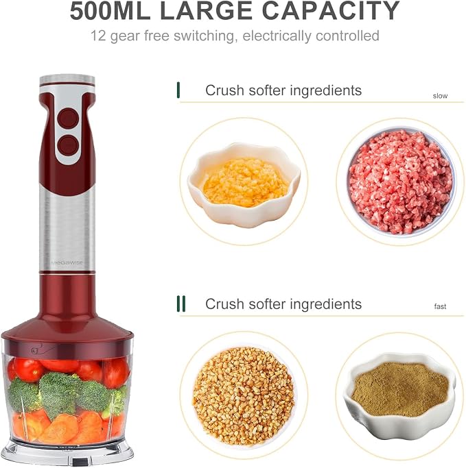 MegaWise 5-in-1 Immersion Hand Blender Set with Variable Speed, 400W, Stainless Steel - Includes Chopper, Whisk, Milk Frother, and Beaker - Ideal for Soups, Smoothies, Baby Food & More (RED)