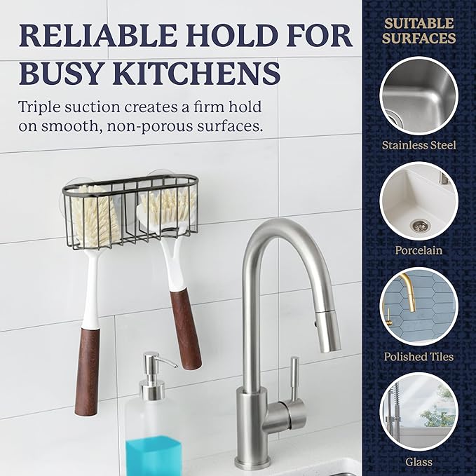 Farberware Metal Sponge Holder for Kitchen Sink, 7.13"x2.88"x3" | Triple suction cups grip steel, glass, or tile, open frame helps dry sponges faster, holds soap and brushes too