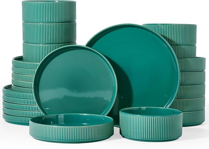 Famiware Stoneware Dinnerware Set with Pasta Bowls, Sage Green Dishes for 6 | 24-Piece Ceramic Double Bowls & Flat Plates, Chip & Scratch Resistant, Microwave & Dishwasher Safe, Everyday Dining, Modern