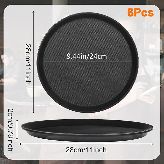 Mwellewm 6 Pcs Round Serving Tray, 11 Inch Non Slip Surface Round Tray Black Server Tray Plastic Food Meals Server with Raised Edges for Home, Kitchen, Restaurant, Cafeteria, Bar, Hotel