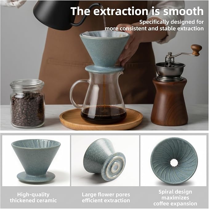 DIF DECO Ceramic Pour Over Coffee Dripper, Reusable Porcelain Portable Pour Over Coffee Maker, Slow Brewing Accessories with 1 Holes for Home, Office, Travel, Camping (Blue)