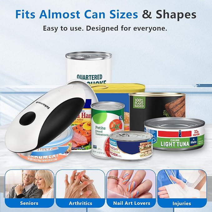SAKAMOSH Rechargeable Electric Can Opener for Seniors | Cordless Rechargeable, One-Touch Operation, Smooth Edge, Perfect for Seniors, Arthritis, Fit Most Cans for Home Kitchen