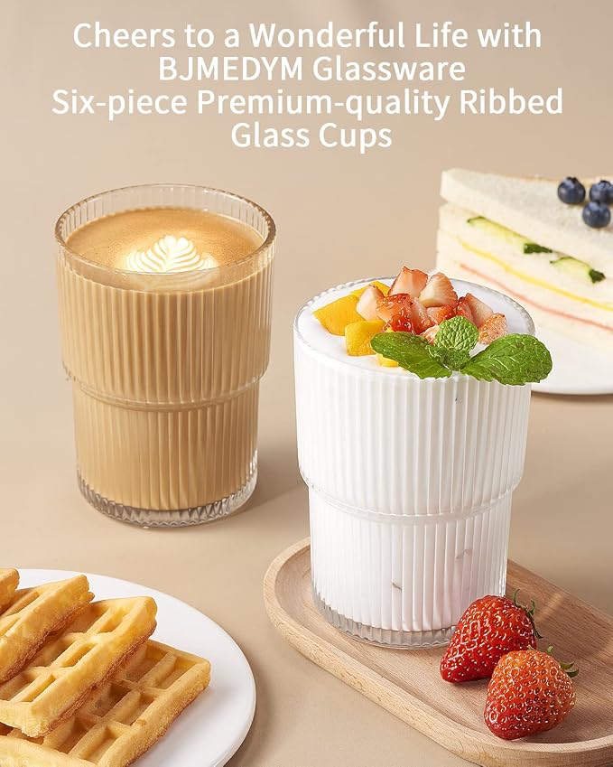 6PCS Ribbed Drinking Glasses,14Oz Stackable Glass Cup Set for Bar & Kitchen | Fluted Designed,Vintage Clear Water Glasses for Cocktail & Juice & Coffee,Versatile cup,gifts,party,wedding