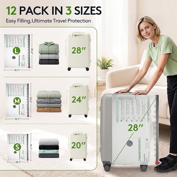 9+3 Packs Vacuum Bags for Travel with Rechargeable air Pump, 3 Sizes Vacuum Seal Bags for Clothing, Space-Saving Compression Storage Bags for Travel & Closet Organization