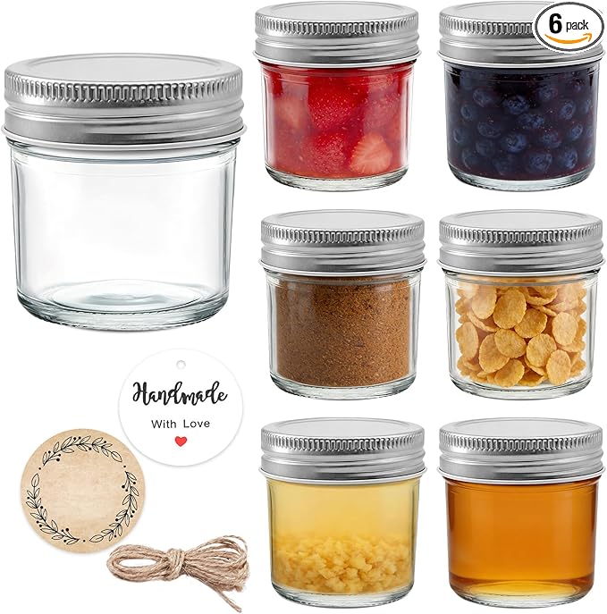 6 Pack 2 oz Mini Mason Jars, Small Glass Jars with Lids | One-piece airtight lids with inner seals; for ginger shots, honey, sauces, spices and wedding favors; labels, twine & tags.
