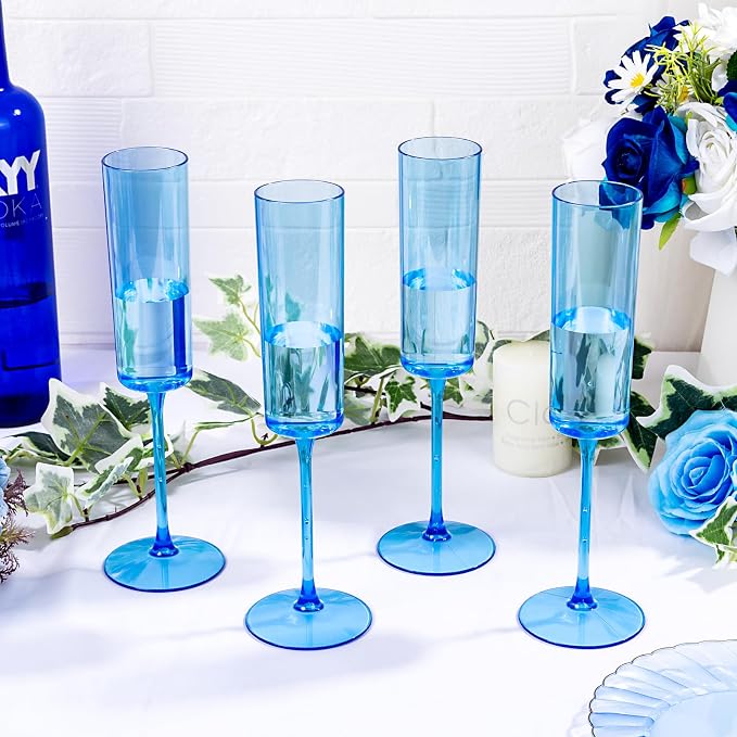 YOUBET 24Pack Blue Champagne Flutes Plastic for Party Birthday Wedding | 6 oz Blue Disposable Plastic Wine Toasting Glasses with Stem for Anniversary Celebrations