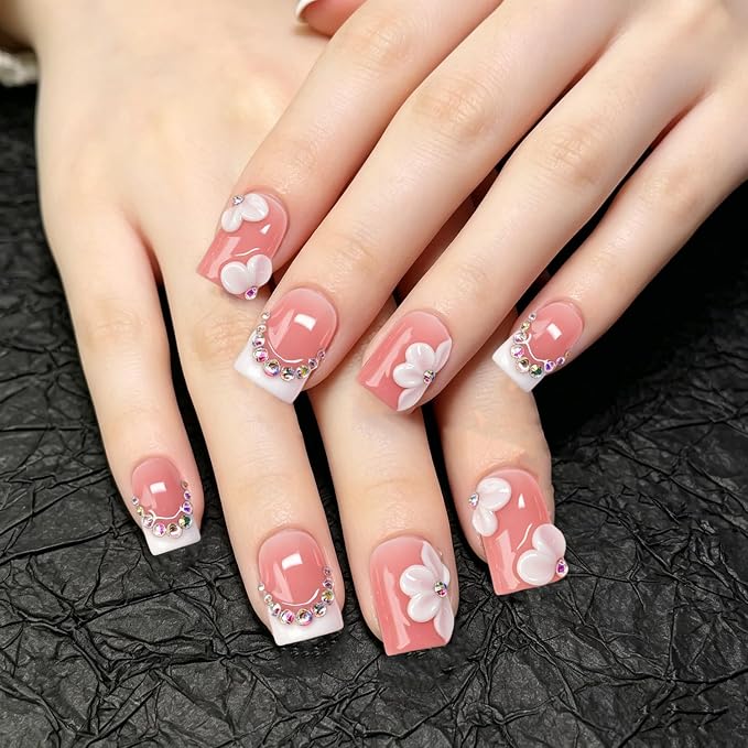 Rhinestone Handmade Press on Nails White French Tip Short Square Fake Nails with 3D Flower & Rhinestone Charms Designs Elegant Nude Pink Glossy Thick Acrylic Nail Stick on Nails for Women (M)