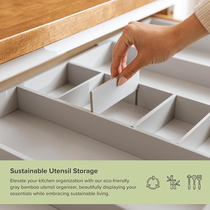 Utensil & Junk Drawer Organizer, 19-33 in, Gray Bamboo | Food-safe contract grade, 100% sustainable wood, non-slip, adjustable