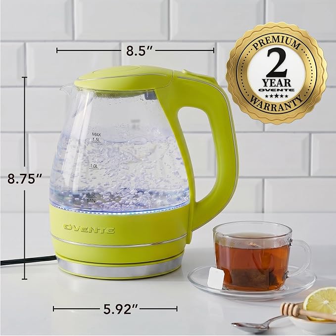 OVENTE 1.5L Glass Electric Kettle Water Boiler, Green KG83G | 1100W Fast Boiling, Borosilicate Glass, BPA-Free, Blue LED, Auto Shut-Off, Boil-Dry Protection, Removable Filter, 360° Base