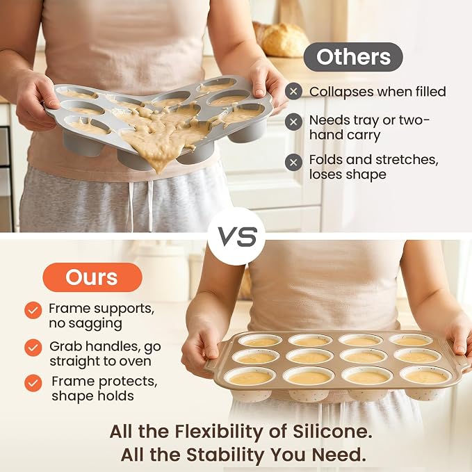 Silicone Muffin Pans for Baking with Metal Frame, 12-Cup Silicone Cupcake Pan, Egg Bite Silicone Mold, Nonstick, BPA Free, Oven & Dishwasher Safe