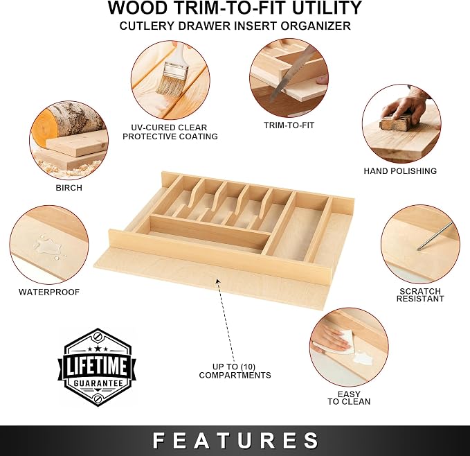 Clikuutory Natural Birch Wood Utensil Drawer Insert Organizer with 10 Compartments, Space-Saving Sturdy Drop-In Cutlery Divider Tray, Kitchen Cabinet Storage for Silverware, Spoons, Forks and Knives