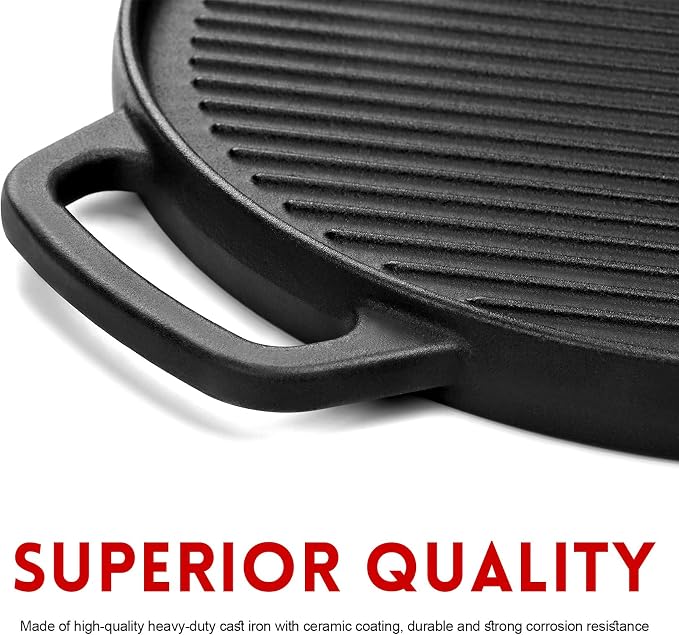 GGC Reversible Cast Iron Griddle for Stove Top, 12" Round Griddle Pan | Double Sided Griddle Plate Perfect for Gas Grills and Outdoor Cooking, Baking Flat and Ribbed Grill Griddle