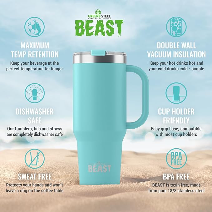 Beast 50 oz Tumbler with Handle Stainless Steel Vacuum Insulated Coffee Ice Cup Double Wall Travel Flask (Aquamarine Blue)