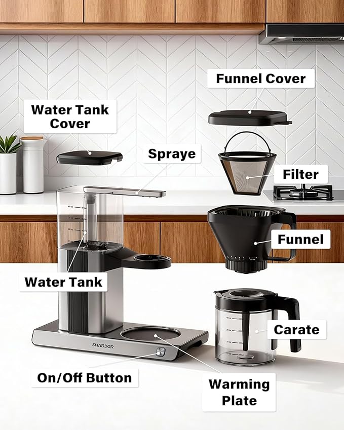 SHARDOR 8-Cup Drip Coffee Maker with Reusable Filter and Glass Coffee Pot，Black and Sliver