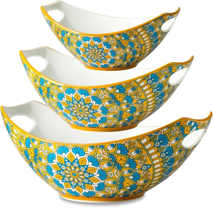 LAUCHUH Serving Bowls with Handles, Bohemian Porcelain Serving Dishes | Mixing Bowls for Entertaining Colorful Nesting Bowls Salad Bowls for Kitchen, Thanksgiving, Set of 3, 15/28/49 oz, Blue & Red