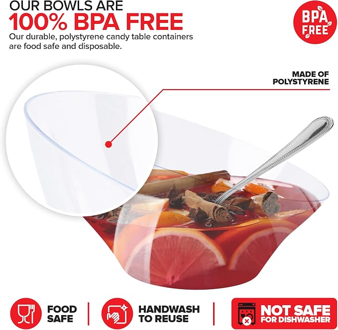 54oz Clear Plastic Serving Bowls (4 Pack) Large Disposable Candy Dishes, Buffet Containers for Chips, Popcorn, Snacks, Punch, Salad Bar, Snack Bowl, Parties, Office Desk, Bridal Shower, Party Supplies