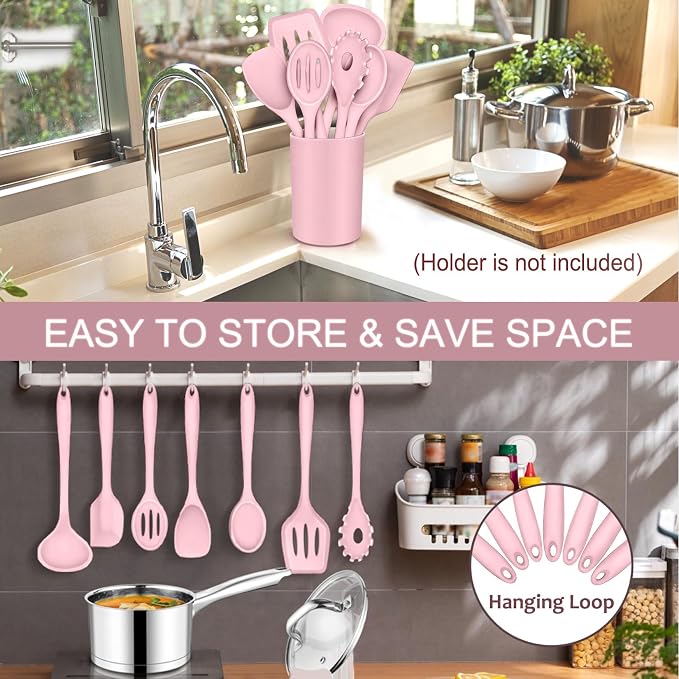 P&P CHEF Pink Kitchen Utensils, Silicone Cooking Utensil Set of 7 | Soft Spatula for Nonstick Cookware, Slotted Turner, Soup Ladle, Pasta Server, Spoon for Cooking, Dishwasher Safe & Heat Proof