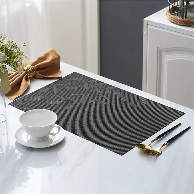 Leaf Placemats Set of 8 Non-Slip Heat-Resistant Vinyl Washable Place Mats for Kitchen Table Indoor Outdoor Durable (18"x12", Black)