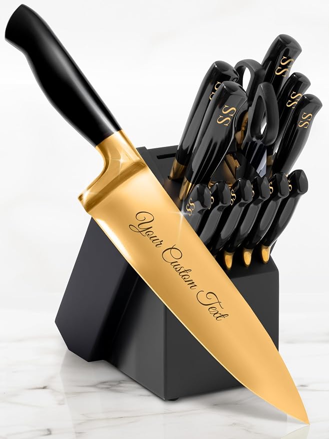 Personalized Black and Gold Knife Set with Block and Sharpener, 14-Piece | Custom Engraved Titanium-Coated Gold Knives - Full Tang, Stainless Steel, Ergonomic, Gift-Ready