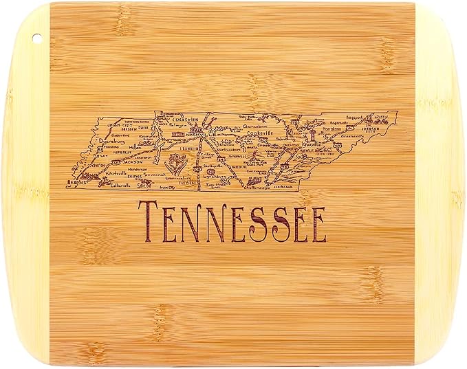 Totally Bamboo A Slice of Life Tennessee Engraved Map Cutting Board | 11” x 8.75” charcuterie board with engraved state map artwork. Smooth reverse side for food prep. Hang tie for wall display.