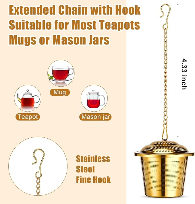 4 Pcs Tea Infuser Strainers for Loose Tea with Scoop, Extra Fine Mesh Steeper 304 Stainless Steel Diffuser Leaf Holder with Extended Chain Hook for Brew, Spices, Seasoning, Gold