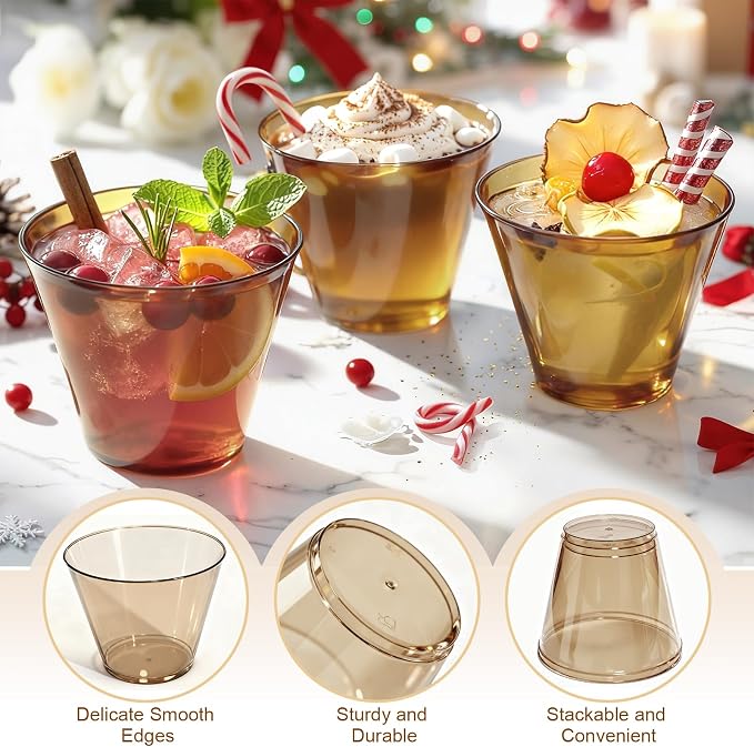 Glowserve 9 OZ Brown Disposable Plastic Cups Cocktail Cup 150 Pack | Fancy Cocktail Cup,Stemless Wine Glass,Wedding Wine Glasses,Graduation Birthday,World Cup,Party Essentials