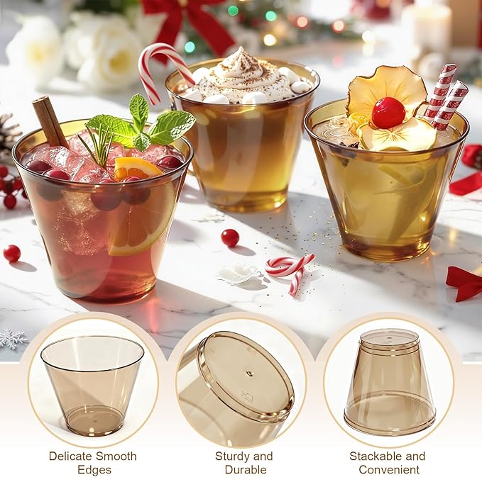 Glowserve 9 OZ Brown Disposable Plastic Cups Cocktail Cup 50 Pack | Fancy Cocktail Cup,Stemless Wine Glass,Wedding Wine Glasses,Graduation Birthday,World Cup,Party Essentials