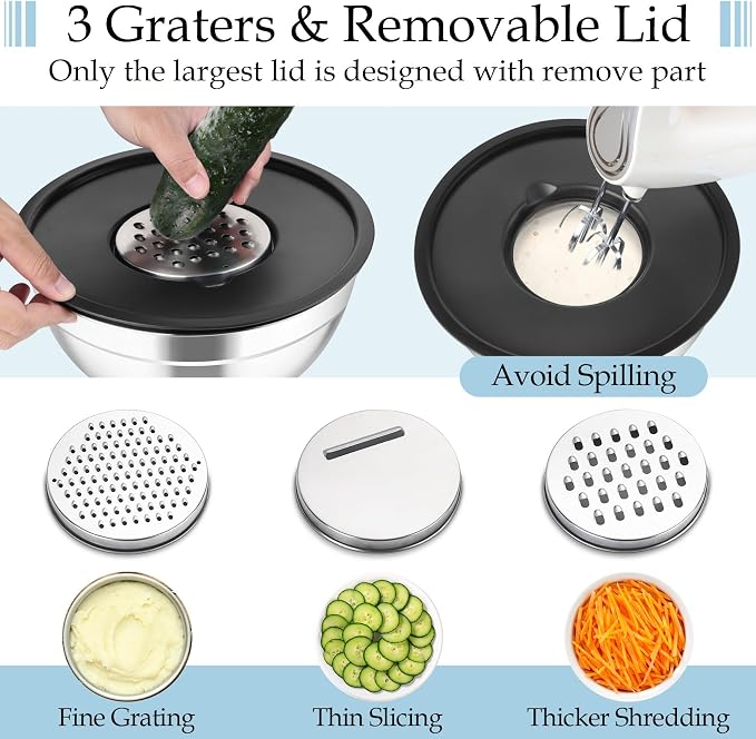 TeamFar Mixing Bowls, Stainless Steel Nesting Salad Bowls Set | Mixing Bowls with Lids & 3 Grater Attachments, For Mixing/Serving/Storing, Non-toxic & Long-lasting, 4.6/3/1.5 QT, Black