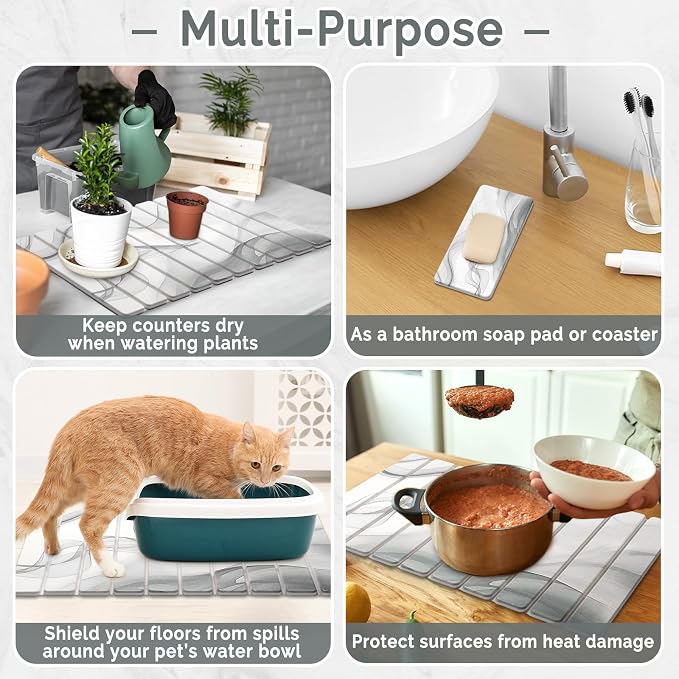 Large Stone Dish Drying Mat for Kitchen Counter, 2 PCS Quick Dry Stone Mats, Foldable Water Absorbing Diatomaceous Earth Drying Dishes Pad for Countertop Bottle Utensil Cup(Black White 24"×16"&8"x4")