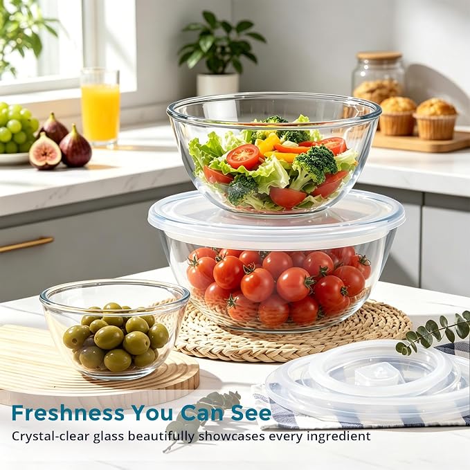 E-far Glass Mixing Bowls with Airtight Lids Set for Cooking Prep Serving | Thick Glass Salad Bowls, Large Clear Nesting Bowls for Storage Sourdough Proofing, Dishwasher Safe, 4.8,2.9,0.8 Qt, 3 Pack