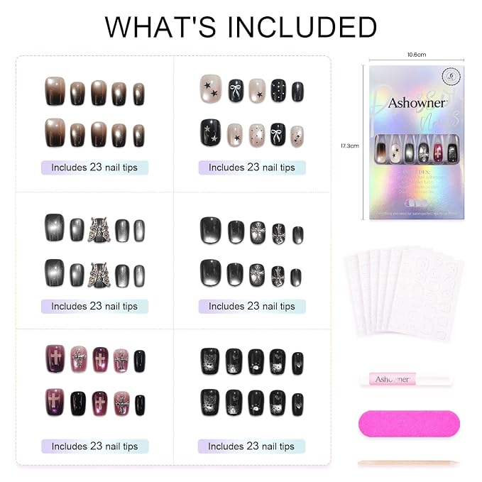 6 Packs (144 Pcs) | Reusable Press on Nails | cute nails | 6-Style Bundle | 12 Sizes | Each Style 24 Pcs | 3D Silver Butterfly Charms