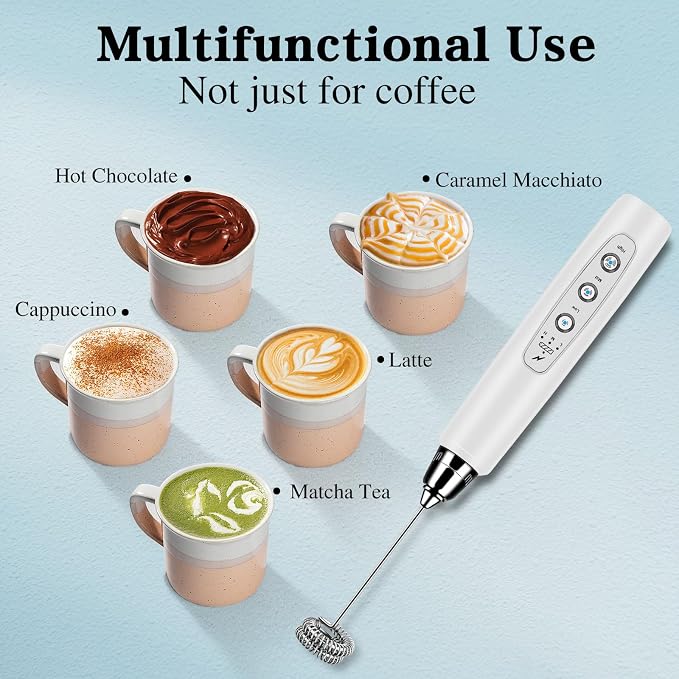 Milk Frother Wand Rechargeable Handheld Whisk Coffee 3 Speed Adjustable | Electric Whisk Drink Mixer with Stainless 3 Whisks Hand Frother , Foam Maker for Latte Cappuccino Matcha Egg Silver