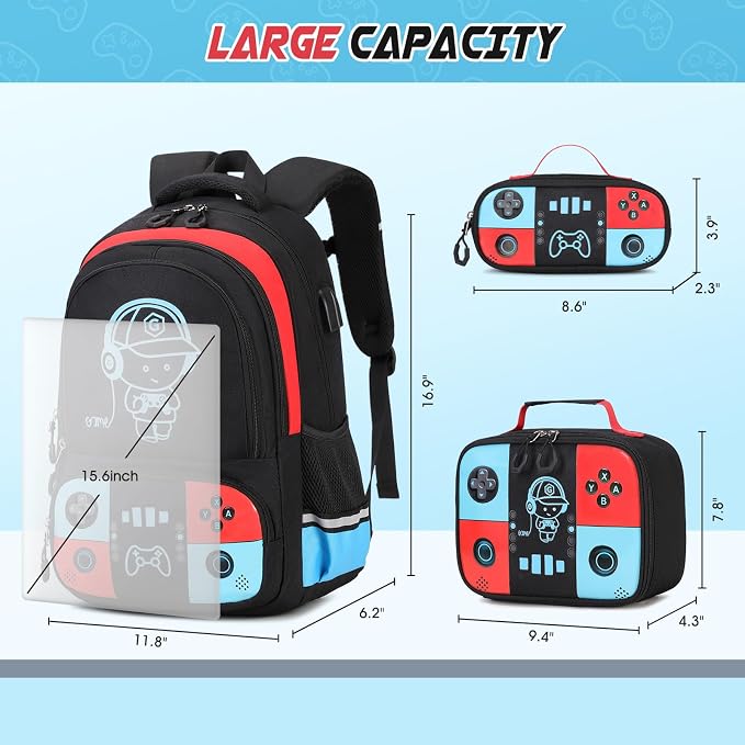 Backpack for School Boys, Cool Luminous Gamer Boys Schoolbag | with Lunch Box & Pencil Case Set for Kids Teens Elementary Middle School, Bookbag Glow In The Dark