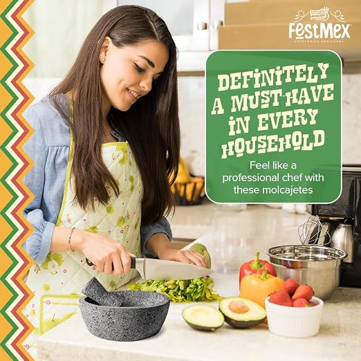 Genuine Handmade Mexican Mortar and Pestle Set 8 Inches Flat Base, Molcajete Mexicano — Mexican Cookware Perfect as Guacamole Bowl and Masher, Mortero para Cocina Made from Volcanic Rock in Mexico