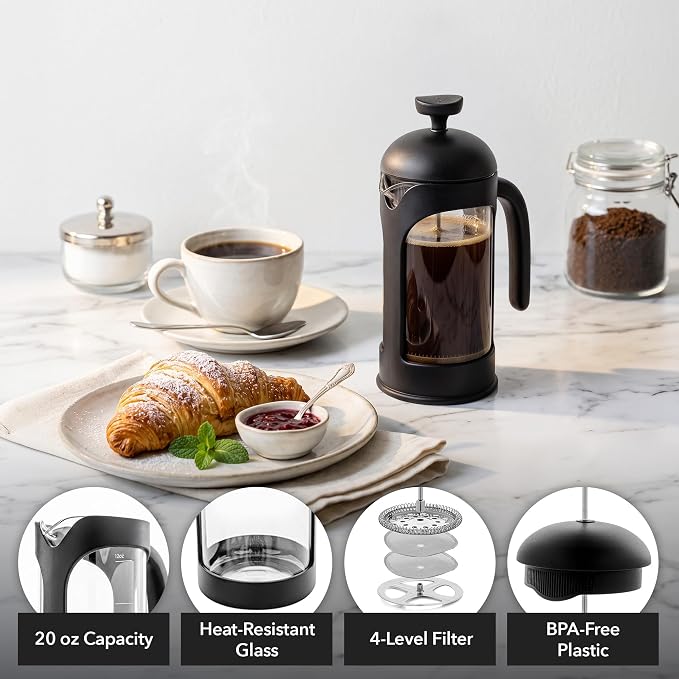 OVENTE 12oz French Press Coffee Maker with 4-Level Filtration, Black FPB12B | Heat Resistant Borosilicate Glass Pot, Dishwasher Safe Stainless Steel Filter, Portable Cafetiere for Travel, Camping or Gift
