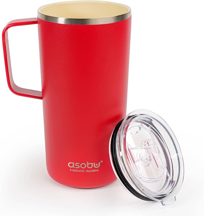 asobu Tower Mug Ceramic Inner Coated Insulated Stainless Steel Cup for Pure Tasting Coffee with Easy Hold Handle and Tritan Lid Fits Standard Cup Holders 20 Ounce Travel Mug