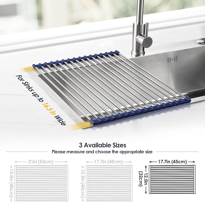 Tomorotec Roll Up Dish Drying Rack Over Sink, 304 Steel, 17.7x12.5, Indigo | Anti-Slip Silicone Rims For Grip, Heat-Resistant Trivet Mat Holding Heavy Cookware, Rustproof Kitchen Counter Space Saver