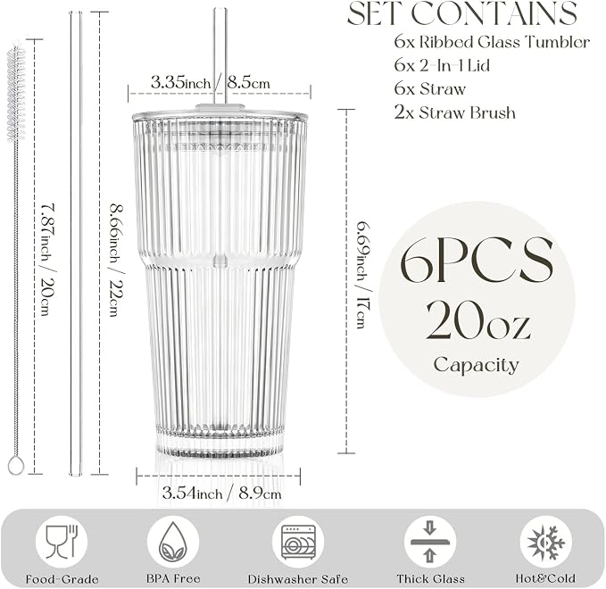 KEMORELA 20oz Ribbed Glass Tumblers with Lids and Straws, Iced Coffee Cups | Reusable thick-wall glass, Leak-Proof Lids, Fits Most Car Cup Holders, For Iced Coffee and Cold Drinks, With Cleaning Brush
