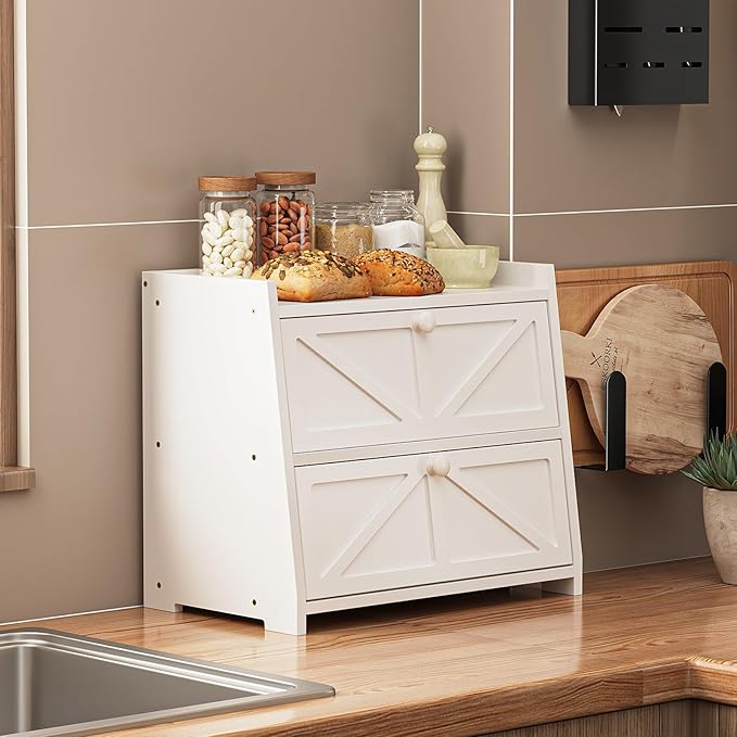 Trironsun Vintage Double Layer Bread Box for Kitchen Counter Bamboo Bread Storage Container Large Capacity Bread Storage Bin (White)